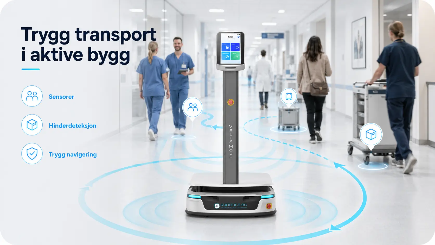 Velix Move transportrobot i sykehuskorridor blant ansatte og pasienter